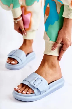 New Damskie Skórzane Klapki Z Klamrą Niebieskie Devia Damskie Klapki Damskie Klasyczne