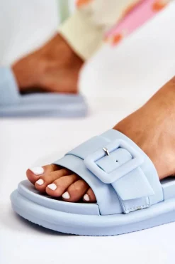 New Damskie Skórzane Klapki Z Klamrą Niebieskie Devia Damskie Klapki Damskie Klasyczne