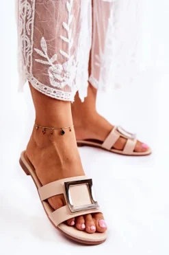 Klapki Damskie Klasyczne>Boto Damskie Skórzane Klapki Z Ozdobą Nude Roysa