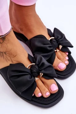 Klapki Damskie Klasyczne>Evento Damskie Skórzane Klapki Z Kokardą Czarne Becky Czarny