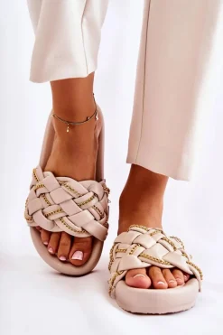 Discount Boto Damskie Skórzane Klapki Z Łańcuszkiem Beżowe Soline