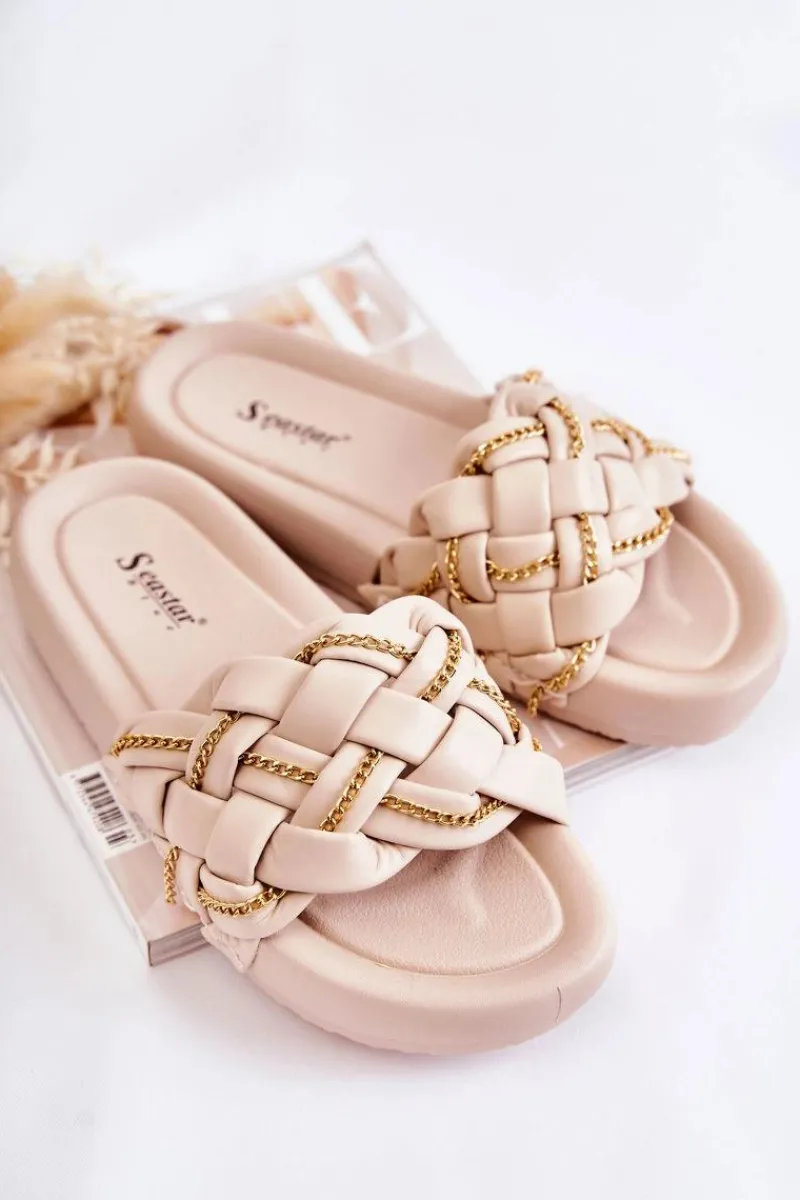 Discount Boto Damskie Skórzane Klapki Z Łańcuszkiem Beżowe Soline