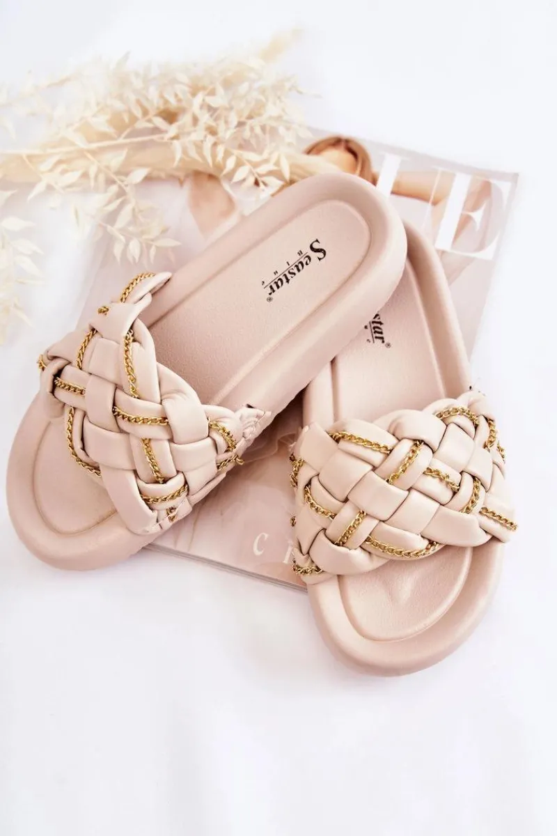 Discount Boto Damskie Skórzane Klapki Z Łańcuszkiem Beżowe Soline