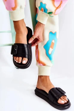 Best Boto Damskie Skórzane Klapki Z Klamrą Czarne Devia