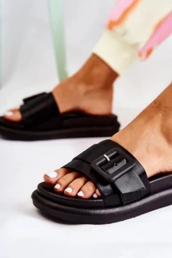 Best Boto Damskie Skórzane Klapki Z Klamrą Czarne Devia