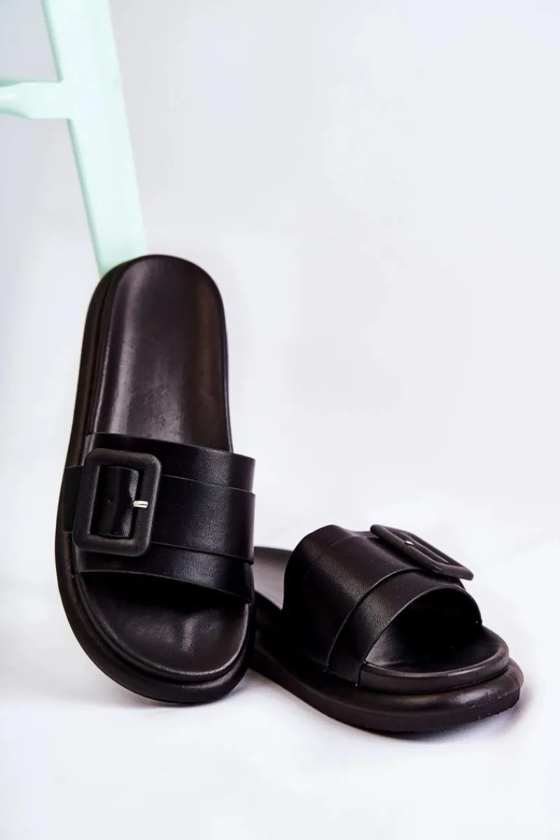 Best Boto Damskie Skórzane Klapki Z Klamrą Czarne Devia