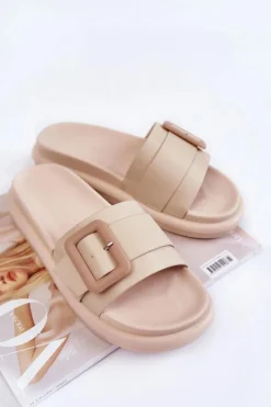 Discount Damskie Skórzane Klapki Z Klamrą Beżowe Devia Damskie Klapki Damskie Klasyczne