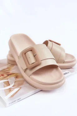 Discount Damskie Skórzane Klapki Z Klamrą Beżowe Devia Damskie Klapki Damskie Klasyczne