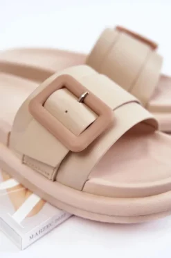 Discount Damskie Skórzane Klapki Z Klamrą Beżowe Devia Damskie Klapki Damskie Klasyczne