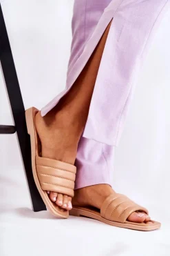 Klapki Damskie Klasyczne>Boto Damskie Skórzane Klapki Z Pikowaniem Ciemnobeżowe Raula