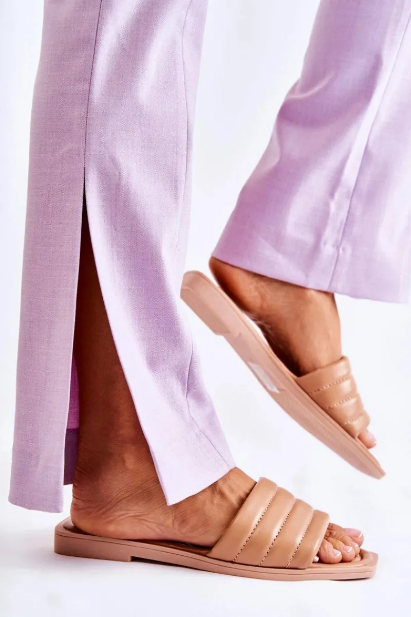 Klapki Damskie Klasyczne>Boto Damskie Skórzane Klapki Z Pikowaniem Ciemnobeżowe Raula