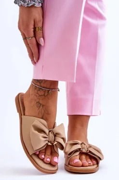 Klapki Damskie Klasyczne>Evento Damskie Skórzane Klapki Z Kokardą Beżowe Becky Beżowy