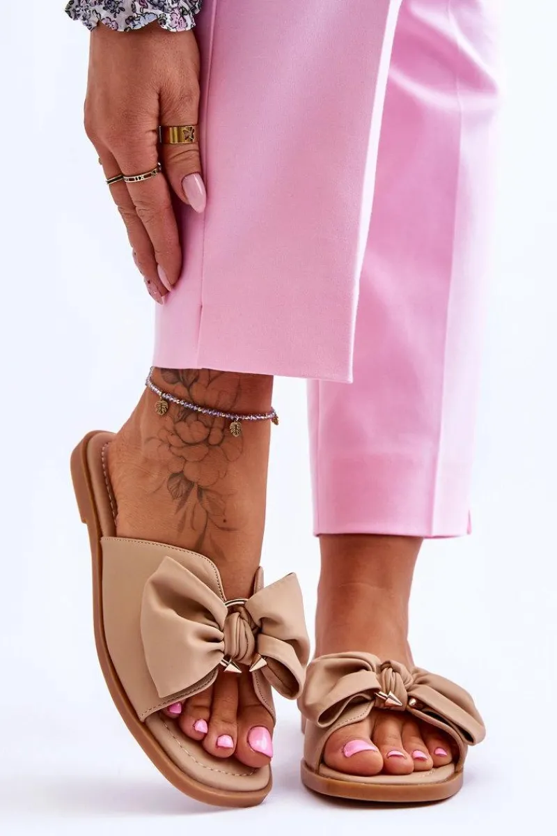 Klapki Damskie Klasyczne>Evento Damskie Skórzane Klapki Z Kokardą Beżowe Becky Beżowy