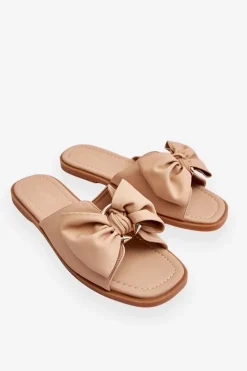 Klapki Damskie Klasyczne>Evento Damskie Skórzane Klapki Z Kokardą Beżowe Becky Beżowy