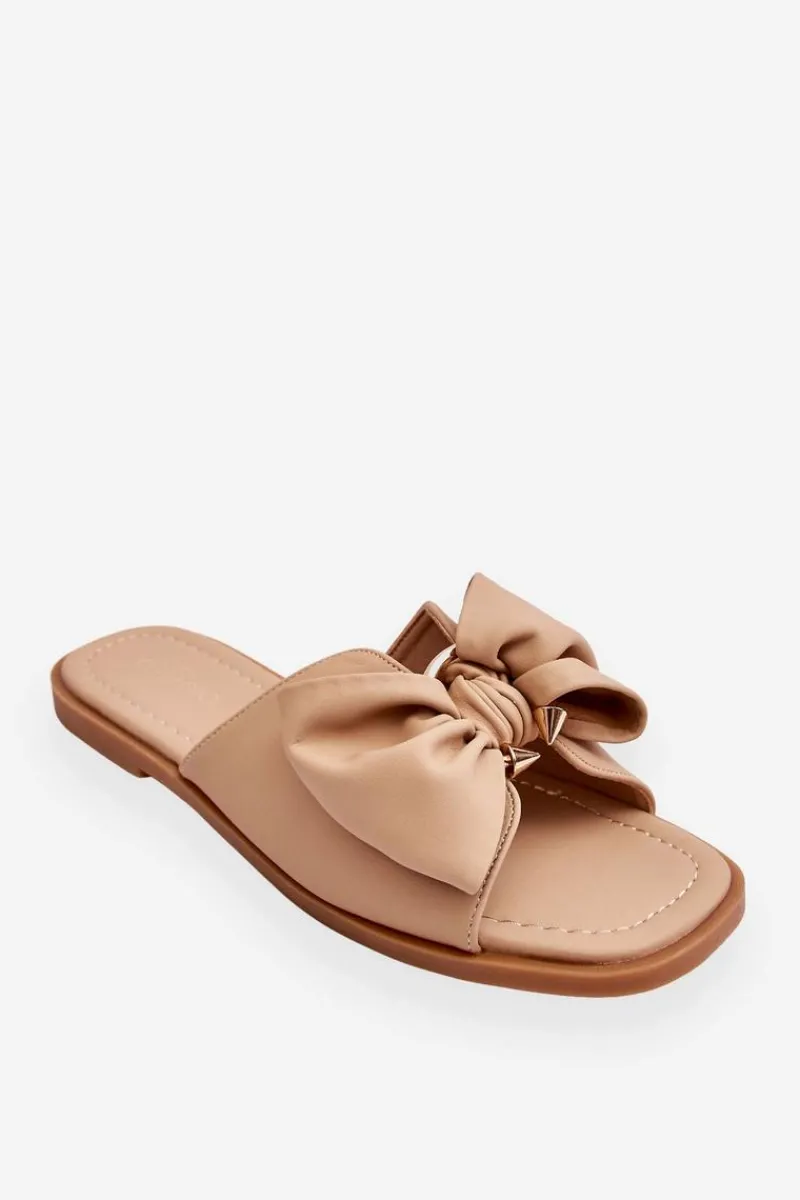 Klapki Damskie Klasyczne>Evento Damskie Skórzane Klapki Z Kokardą Beżowe Becky Beżowy