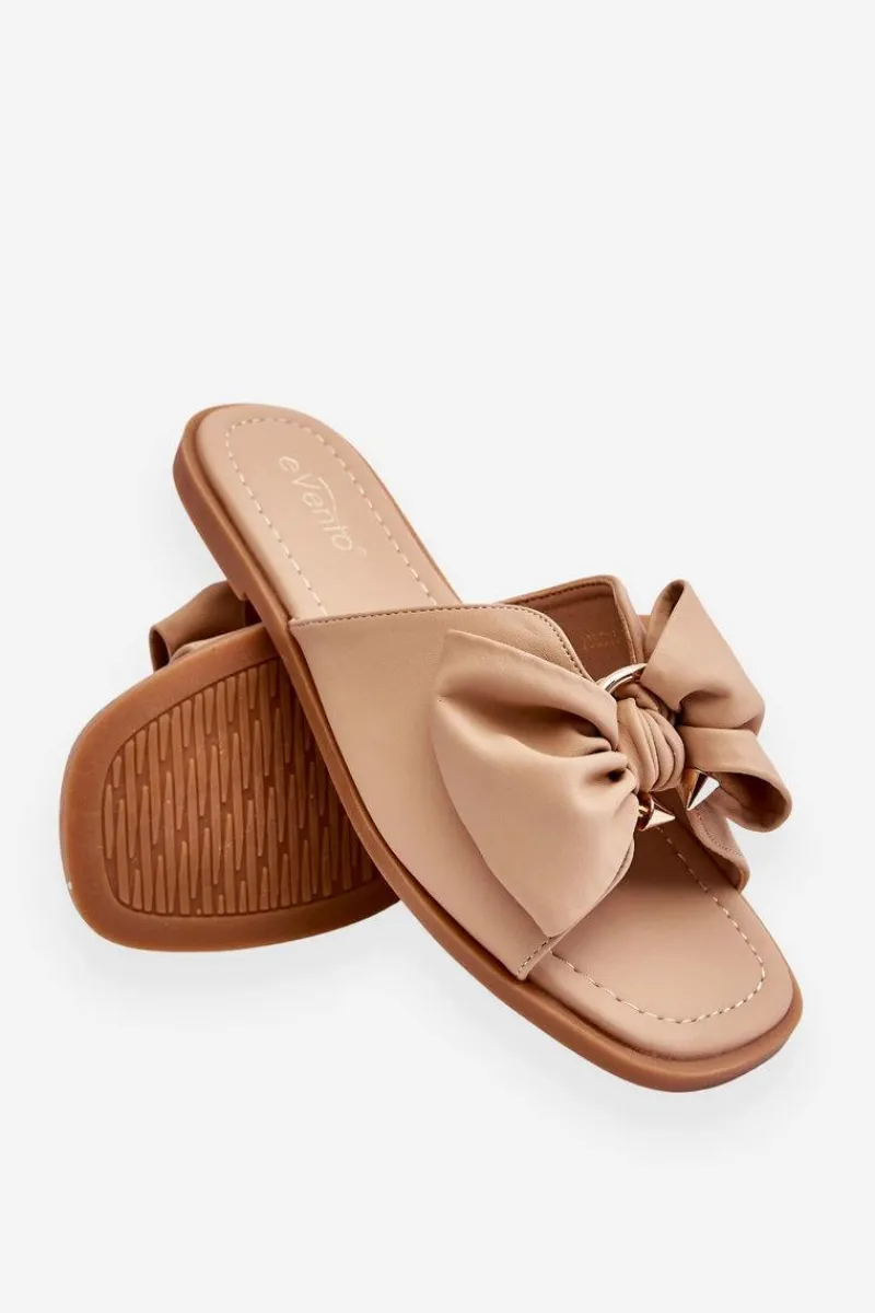 Klapki Damskie Klasyczne>Evento Damskie Skórzane Klapki Z Kokardą Beżowe Becky Beżowy