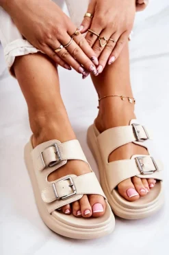 New Damskie Skórzane Klapki Ze Sprzączką La.Fi Beżowe Nariss Damskie Klapki Damskie Klasyczne