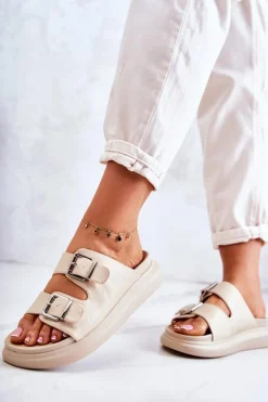 New Damskie Skórzane Klapki Ze Sprzączką La.Fi Beżowe Nariss Damskie Klapki Damskie Klasyczne