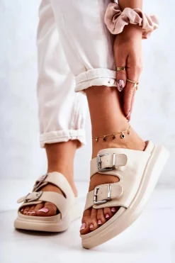 New Damskie Skórzane Klapki Ze Sprzączką La.Fi Beżowe Nariss Damskie Klapki Damskie Klasyczne