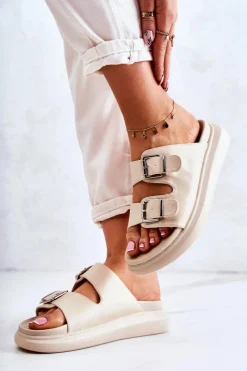 New Damskie Skórzane Klapki Ze Sprzączką La.Fi Beżowe Nariss Damskie Klapki Damskie Klasyczne