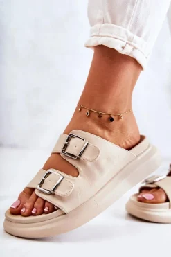 New Damskie Skórzane Klapki Ze Sprzączką La.Fi Beżowe Nariss Damskie Klapki Damskie Klasyczne