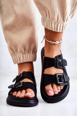 Boto Damskie Skórzane Klapki Ze Sprzączką La.Fi Czarne Nariss