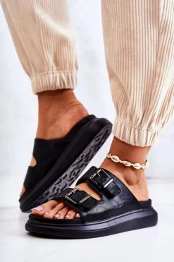 Boto Damskie Skórzane Klapki Ze Sprzączką La.Fi Czarne Nariss