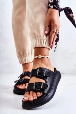 Boto Damskie Skórzane Klapki Ze Sprzączką La.Fi Czarne Nariss