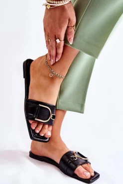 Online Boto Damskie Skórzane Klasyczne Klapki Z Ozdobą Czarne Shilla