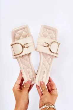 Sale Damskie Skórzane Klasyczne Klapki Z Ozdobą Beżowe Shilla Damskie Klapki Damskie Klasyczne