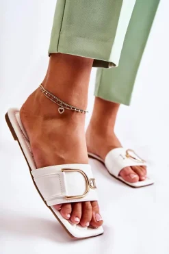 Klapki Damskie Klasyczne>Boto Damskie Skórzane Klasyczne Klapki Z Ozdobą Białe Shilla