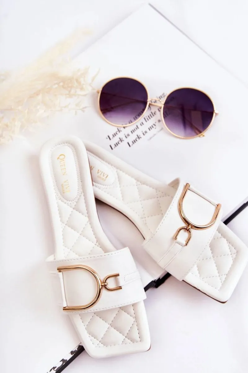 Klapki Damskie Klasyczne>Boto Damskie Skórzane Klasyczne Klapki Z Ozdobą Białe Shilla