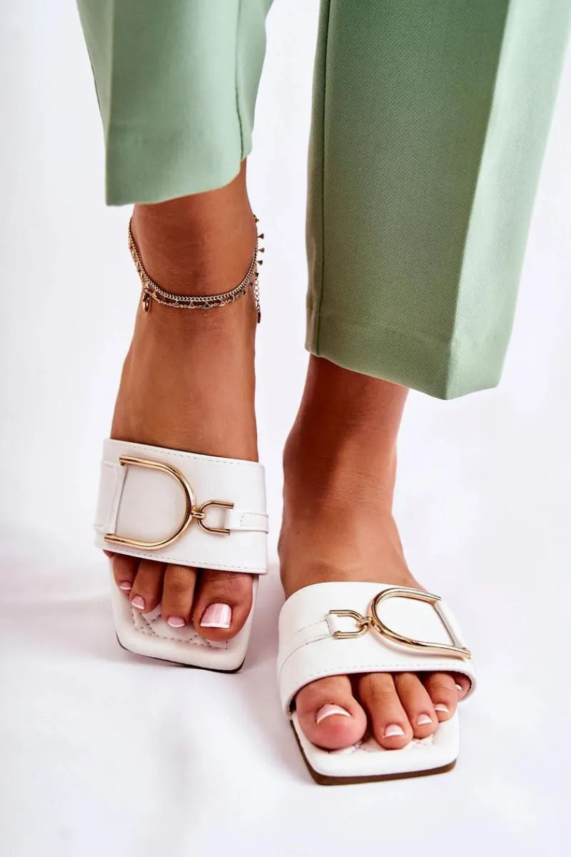 Klapki Damskie Klasyczne>Boto Damskie Skórzane Klasyczne Klapki Z Ozdobą Białe Shilla