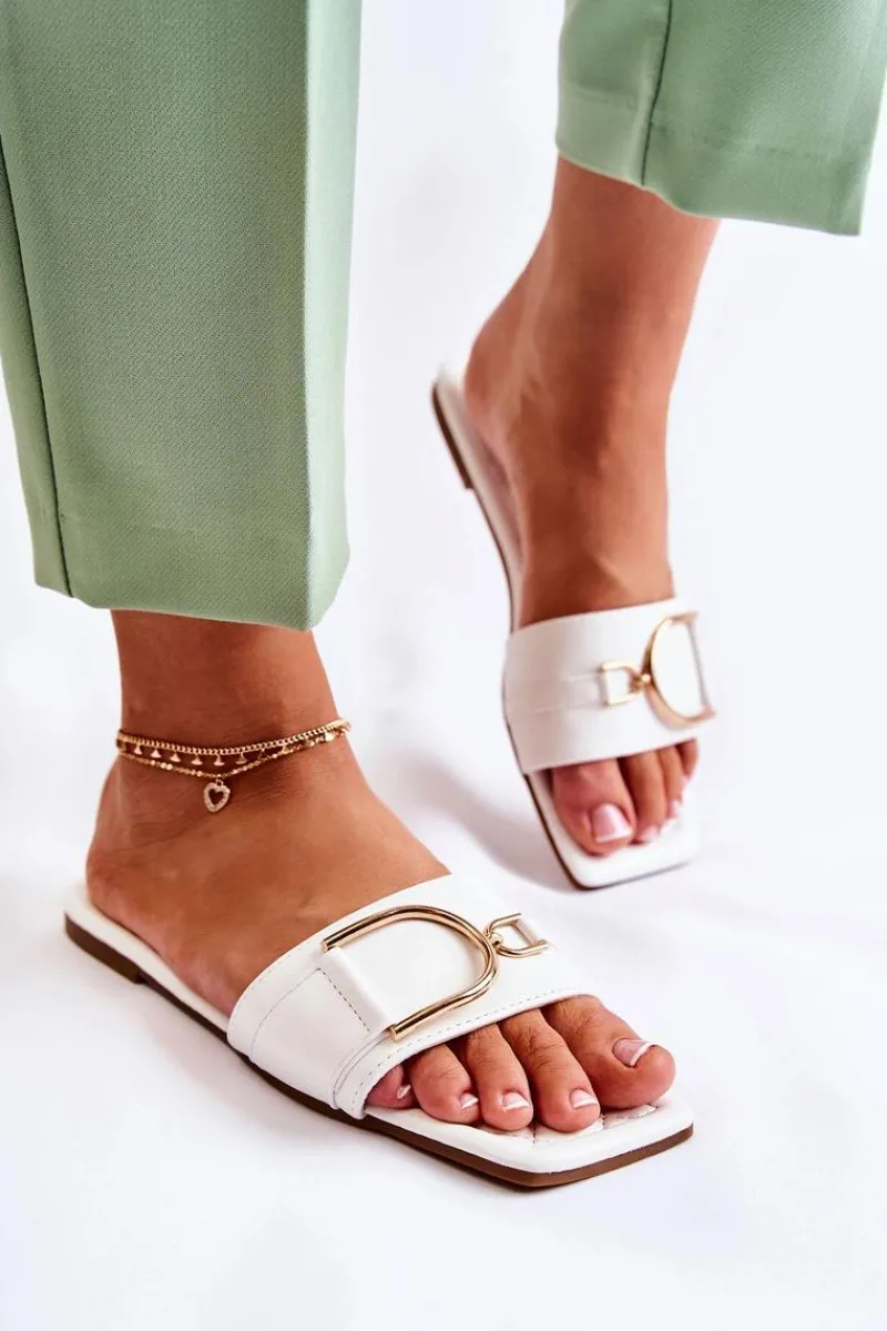 Klapki Damskie Klasyczne>Boto Damskie Skórzane Klasyczne Klapki Z Ozdobą Białe Shilla