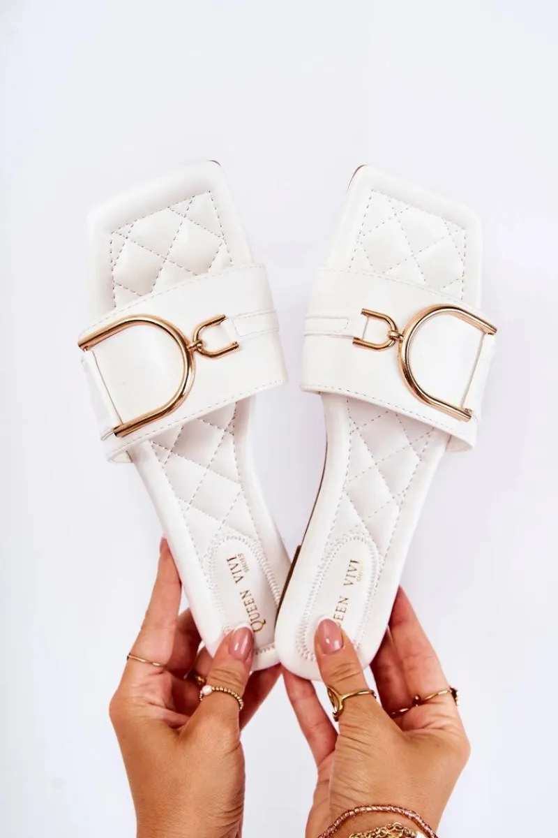 Klapki Damskie Klasyczne>Boto Damskie Skórzane Klasyczne Klapki Z Ozdobą Białe Shilla