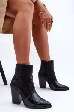 Hot Boto Damskie Skórzane Kowbojki Botki Czarne Fiorene