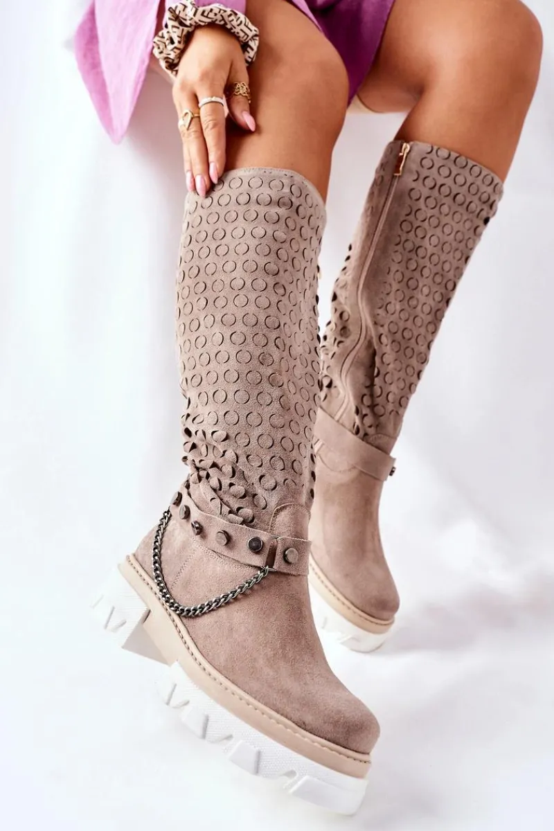 Kozaki Wiosenne|Kozaki Ażurowe>Boto Damskie Skórzane Kozaki Lewski Cappuccino Zamszowe 2866