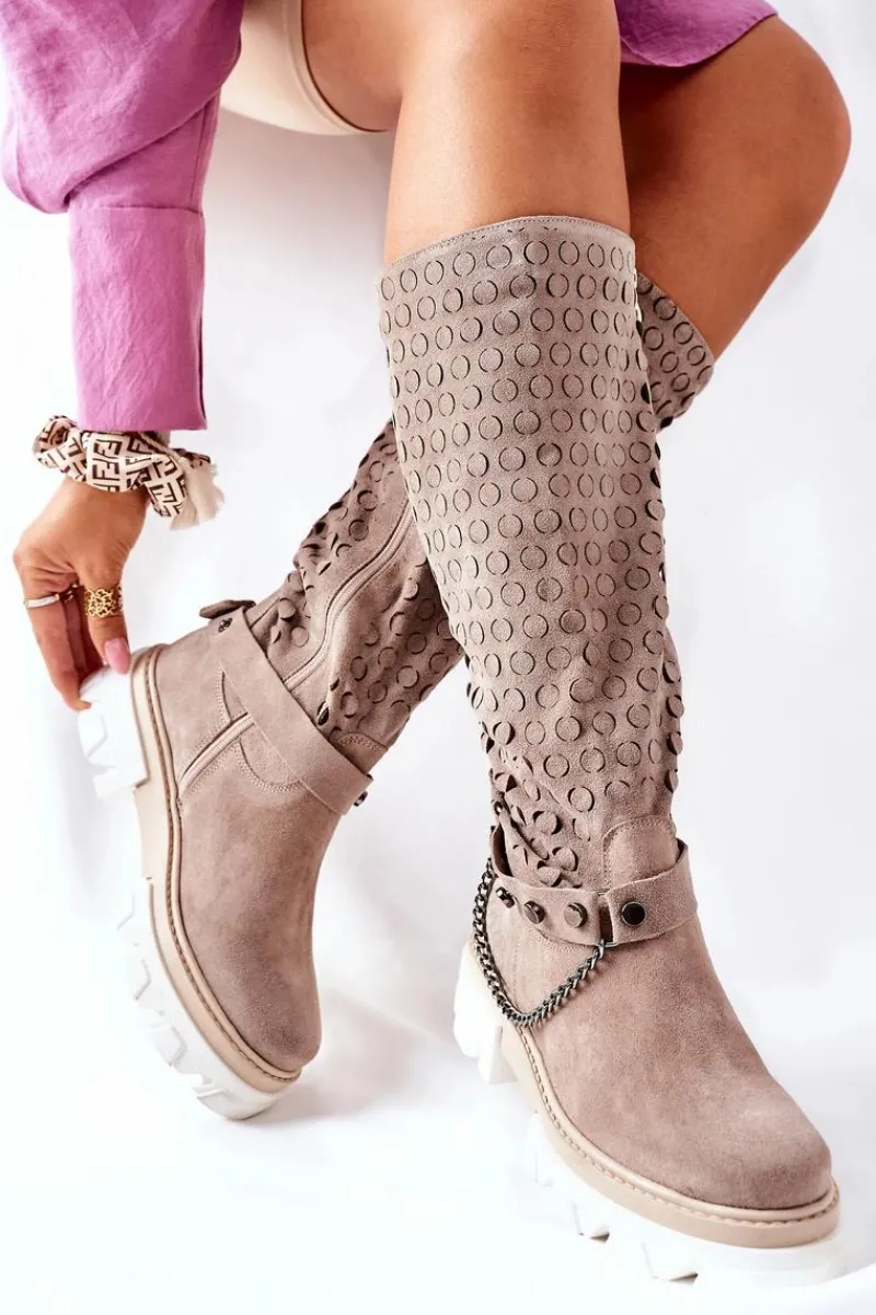 Kozaki Wiosenne|Kozaki Ażurowe>Boto Damskie Skórzane Kozaki Lewski Cappuccino Zamszowe 2866