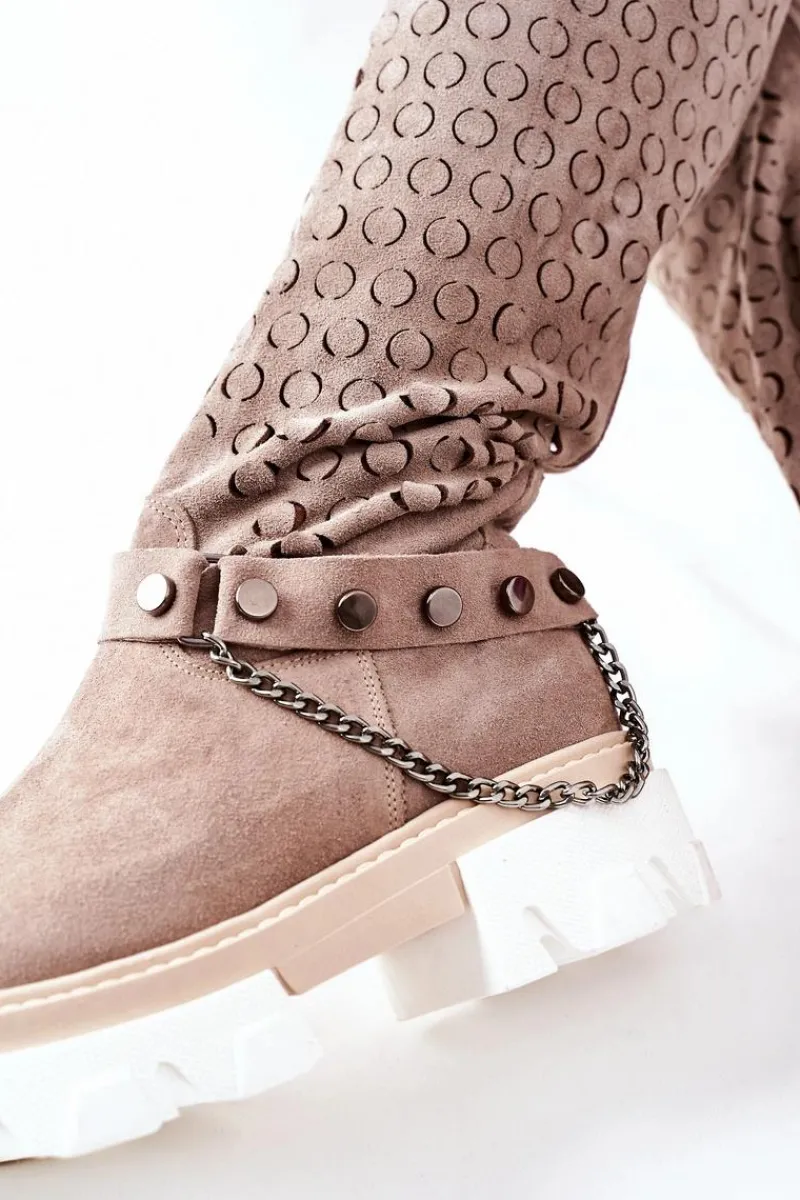 Kozaki Wiosenne|Kozaki Ażurowe>Boto Damskie Skórzane Kozaki Lewski Cappuccino Zamszowe 2866