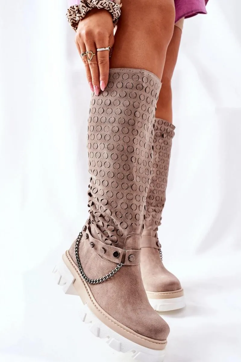 Kozaki Wiosenne|Kozaki Ażurowe>Boto Damskie Skórzane Kozaki Lewski Cappuccino Zamszowe 2866