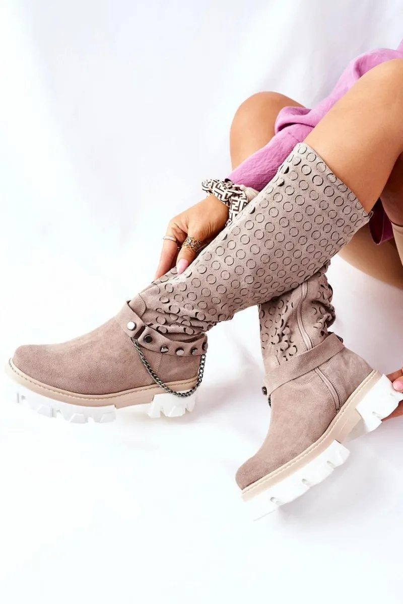 Kozaki Wiosenne|Kozaki Ażurowe>Boto Damskie Skórzane Kozaki Lewski Cappuccino Zamszowe 2866