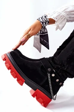 Outlet Boto Damskie Skórzane Kozaki Lewski Czarne Zamszowe 2866 Czarny