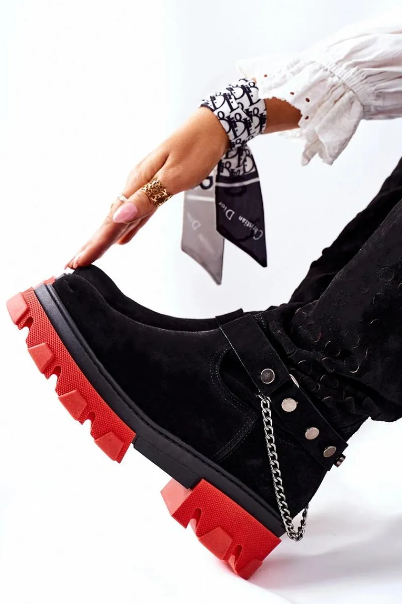 Outlet Boto Damskie Skórzane Kozaki Lewski Czarne Zamszowe 2866 Czarny