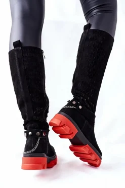 Outlet Boto Damskie Skórzane Kozaki Lewski Czarne Zamszowe 2866 Czarny