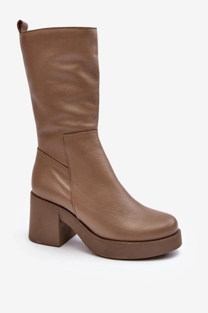Kozaki Wiosenne|Kozaki Przed Kolano>Boto Damskie Skórzane Kozaki Na Masywnym Słupku Ciemnobeżowe Lemar Odennia
