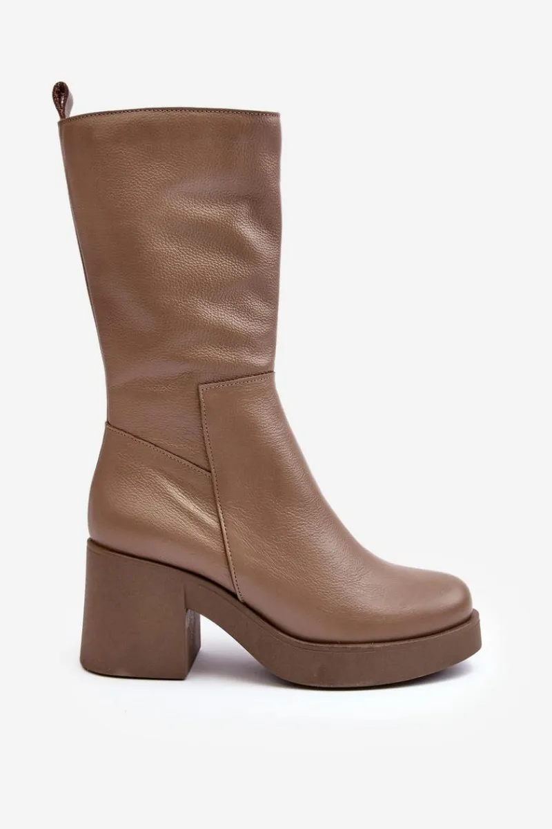 Kozaki Wiosenne|Kozaki Przed Kolano>Boto Damskie Skórzane Kozaki Na Masywnym Słupku Ciemnobeżowe Lemar Odennia