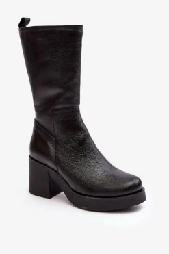 New Boto Damskie Skórzane Kozaki Na Masywnym Słupku Czarne Lemar Odennia