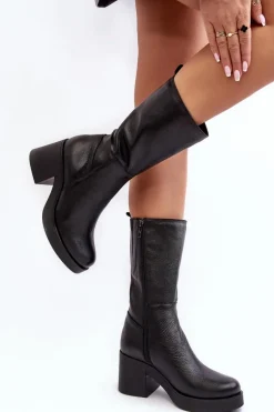 New Boto Damskie Skórzane Kozaki Na Masywnym Słupku Czarne Lemar Odennia