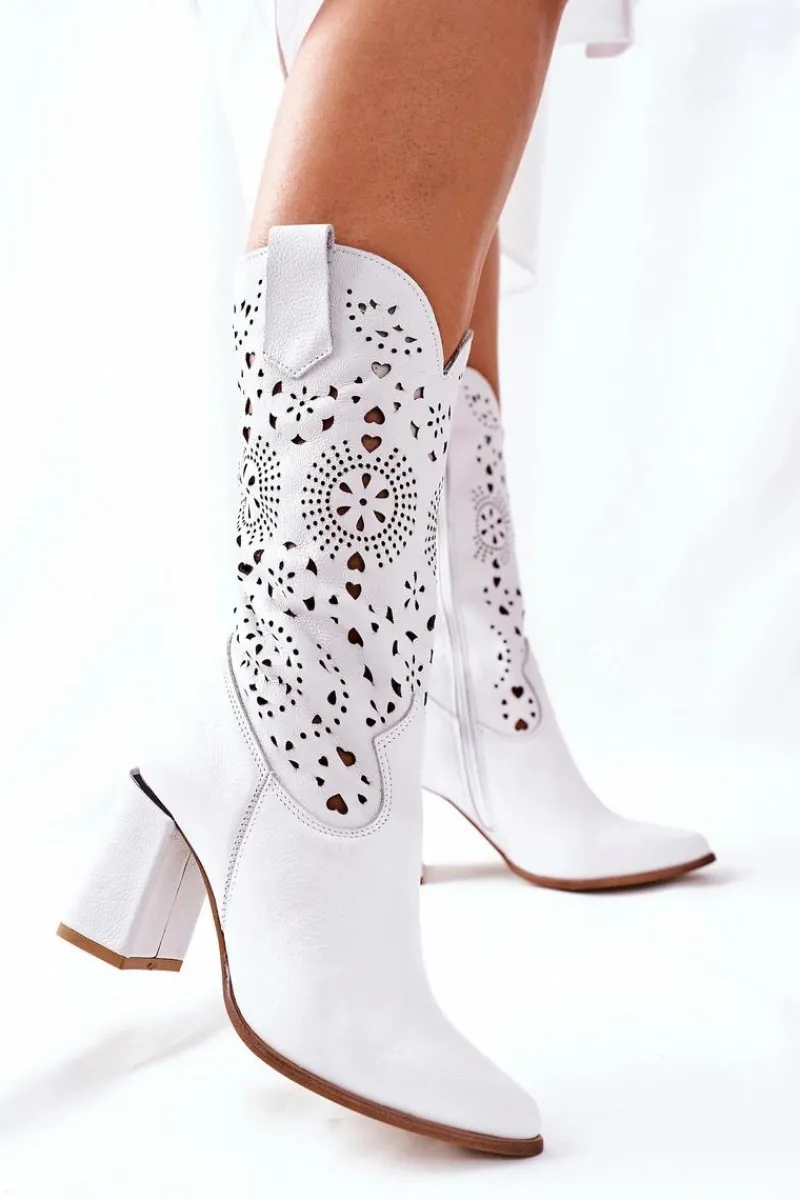 Discount Damskie Skórzane Kozaki na Słupku Białe Lewski 2923 Pick Me Up Damskie Kozaki Wiosenne|Kozaki Przed Kolano