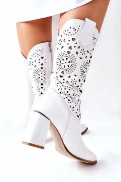 Discount Damskie Skórzane Kozaki na Słupku Białe Lewski 2923 Pick Me Up Damskie Kozaki Wiosenne|Kozaki Przed Kolano